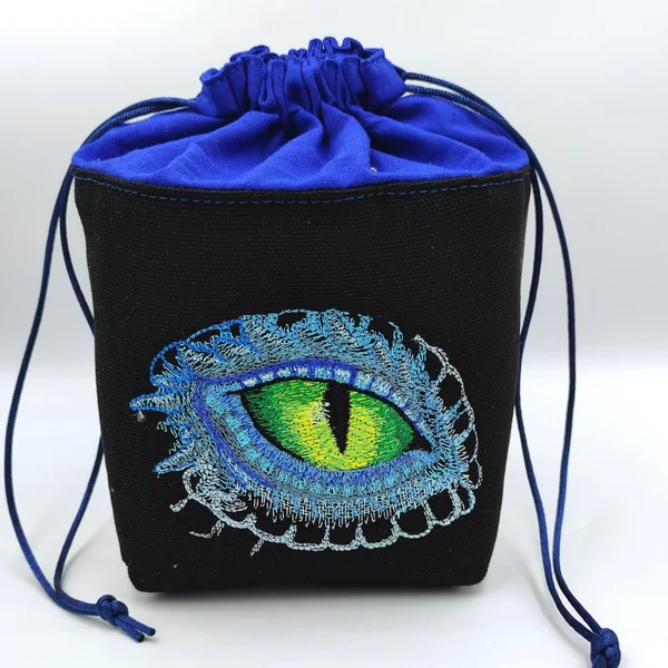 Bourse à dés carrée noir et bleu roi - motif oeil de dragon