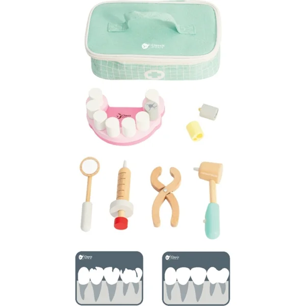 Ensemble dentiste 18 pièces en bois dans un sac en tissu dans un emballage en papier 22x7x15cm