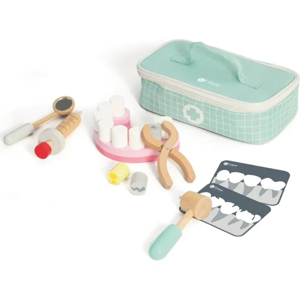 Ensemble dentiste 18 pièces en bois dans un sac en tissu dans un emballage en papier 22x7x15cm