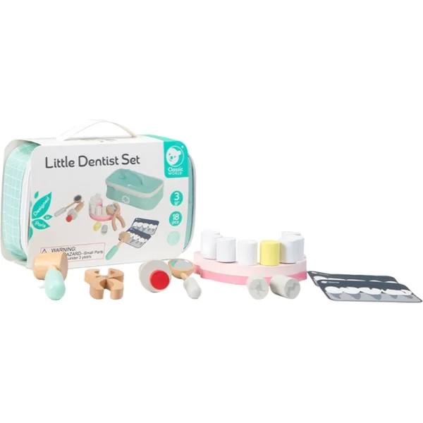 Ensemble dentiste 18 pièces en bois dans un sac en tissu dans un emballage en papier 22x7x15cm