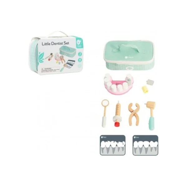 Ensemble dentiste 18 pièces en bois dans un sac en tissu dans un emballage en papier 22x7x15cm