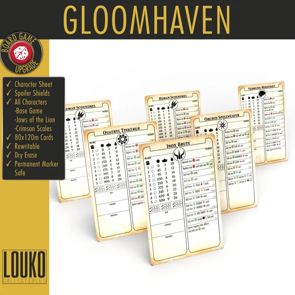 Fiches de personnages réinscriptibles pour Gloomhaven - Les Mâchoires du Lion