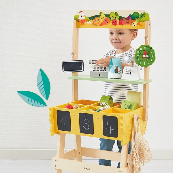 Janod Farm Magasin en bois Ferme avec caisse enregistreuse, balance, fruits et légumes