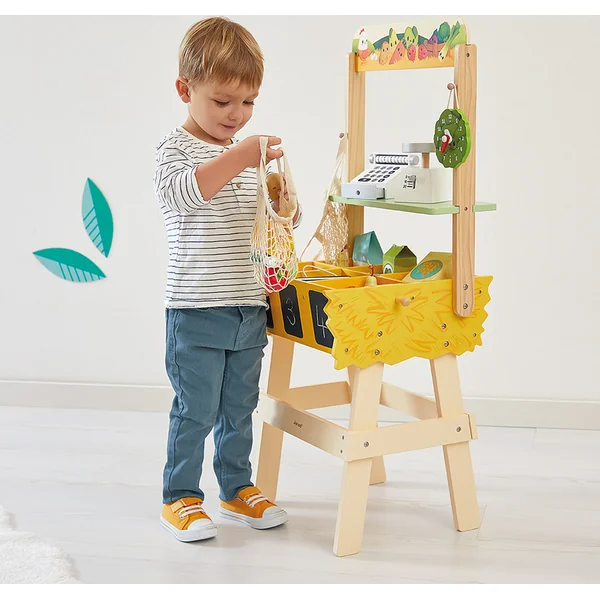 Janod Farm Magasin en bois Ferme avec caisse enregistreuse, balance, fruits et légumes