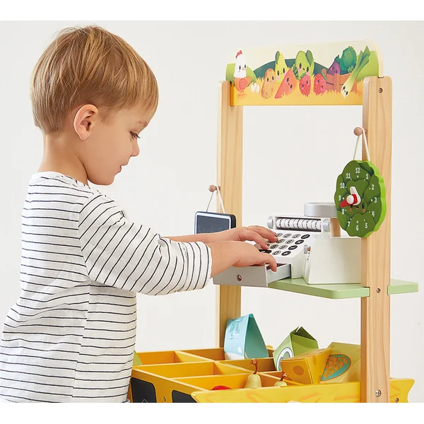 Janod Farm Magasin en bois Ferme avec caisse enregistreuse, balance, fruits et légumes