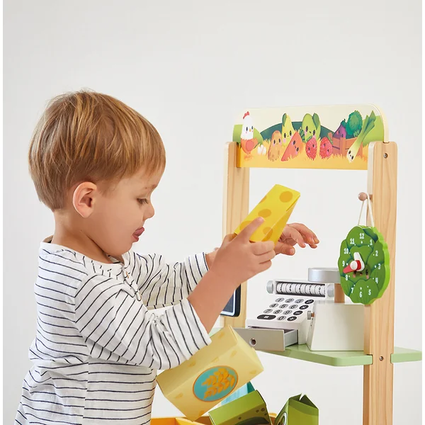 Janod Farm Magasin en bois Ferme avec caisse enregistreuse, balance, fruits et légumes