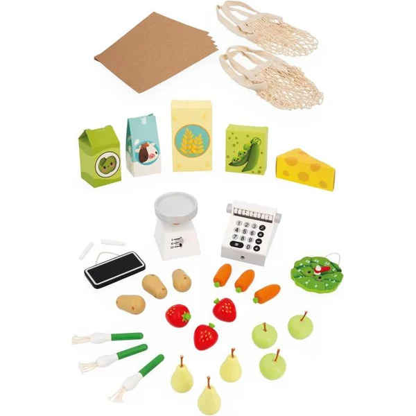 Janod Farm Magasin en bois Ferme avec caisse enregistreuse, balance, fruits et légumes
