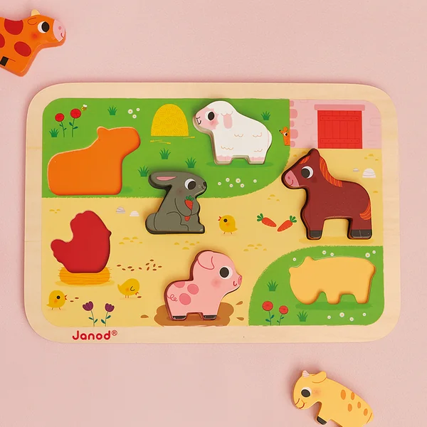 Janod Puzzle en bois à encastrer pour les tout-petits Ferme Chunky