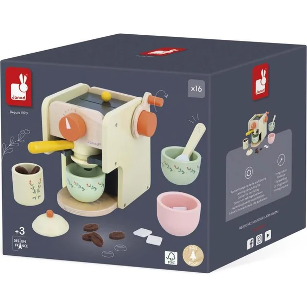 Janod Shiny Grandma Machine à café en bois avec accessoires 16 pcs