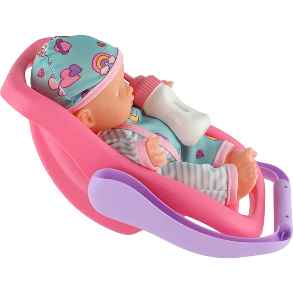 Poupée bébé 20 cm en plastique dans un porte-bébé/siège auto, avec un biberon