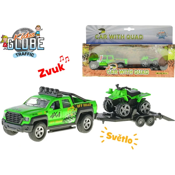 Voiture tout-terrain 13cm métal marche arrière avec remorque et quad à piles avec lumière et son