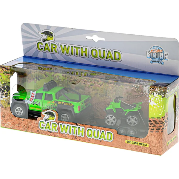 Voiture tout-terrain 13cm métal marche arrière avec remorque et quad à piles avec lumière et son